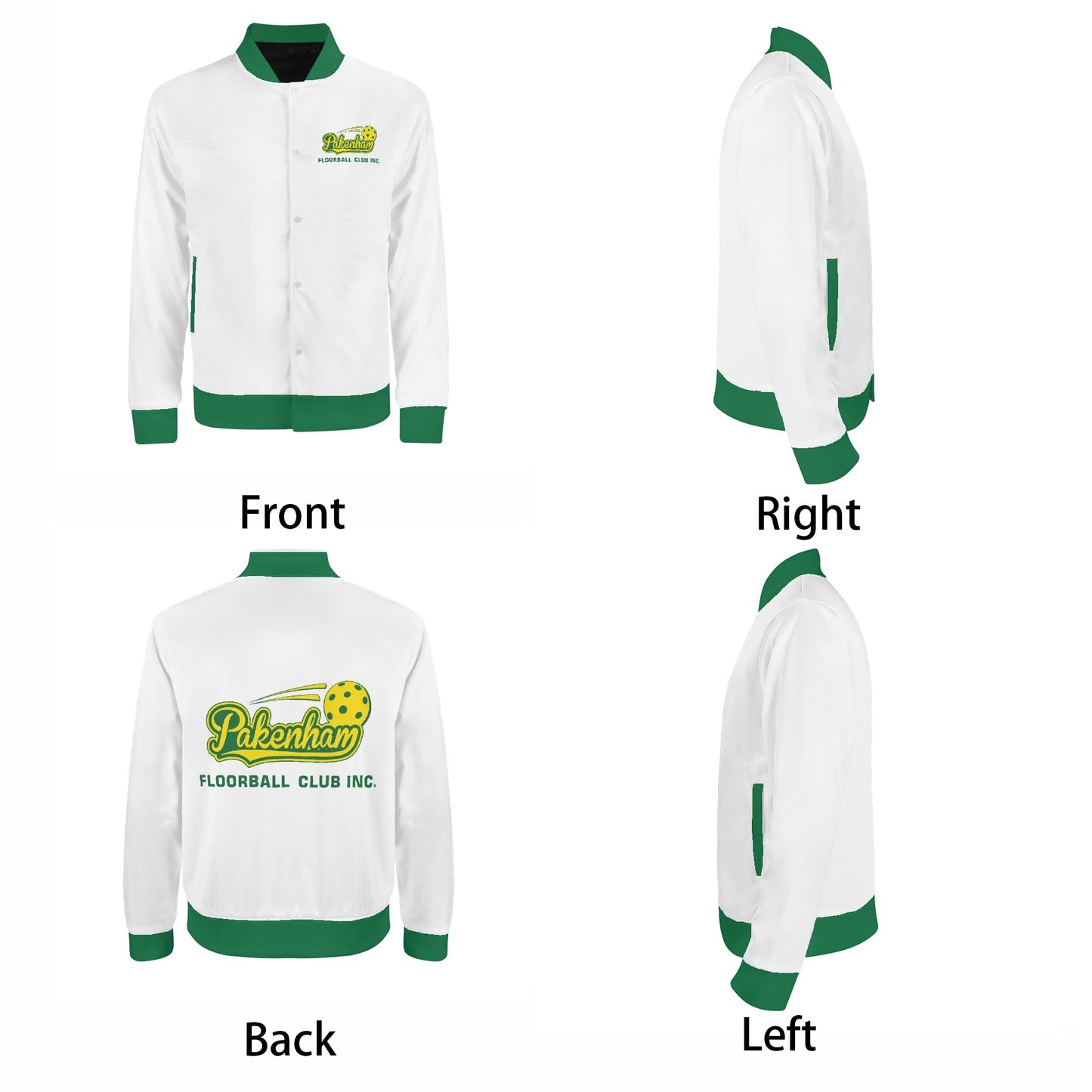 Pakenham Floorball Varsity Bomber Jacket (Green and White)