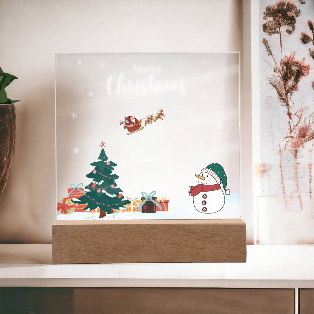 Enchanting Christmas Snow Scene with Wooden LED Base! (Acrylic Square Plaque)