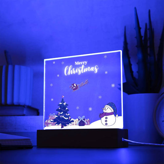 Enchanting Christmas Snow Scene with Wooden LED Base! (Acrylic Square Plaque)
