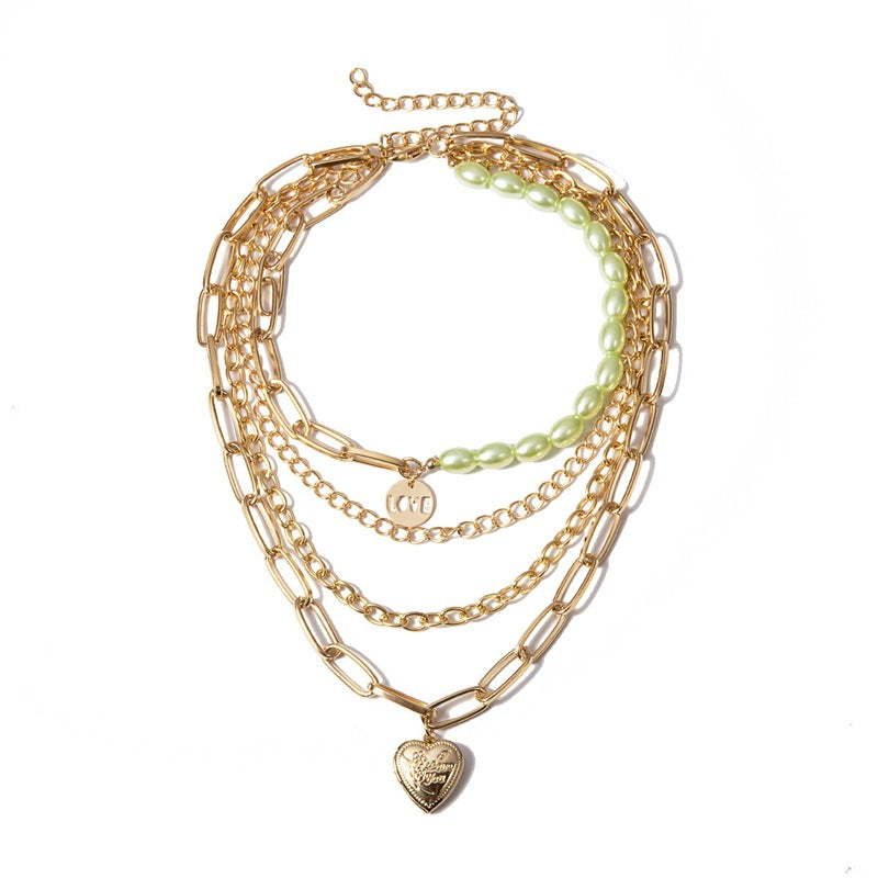 Mixed chain and pearl necklace with Love and Heart pendant