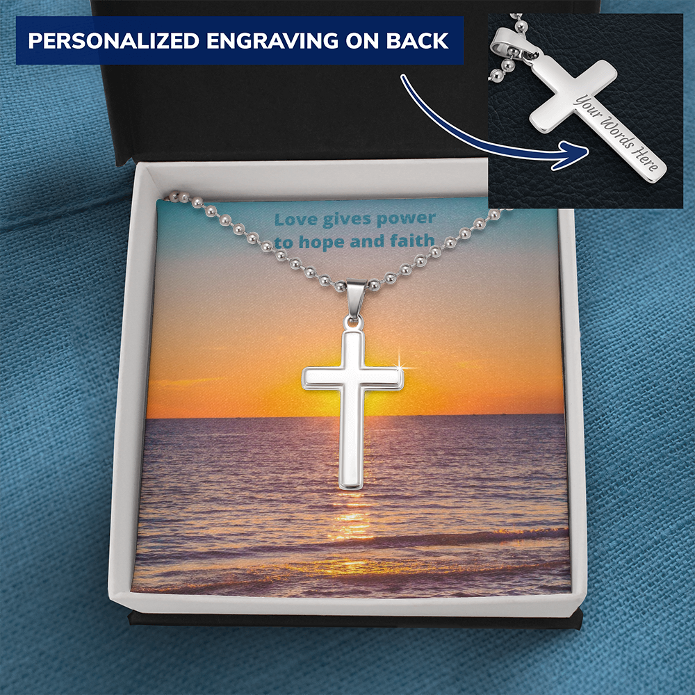 Love gives power to hope and faith (Personalised Cross necklace - Ball Chain)