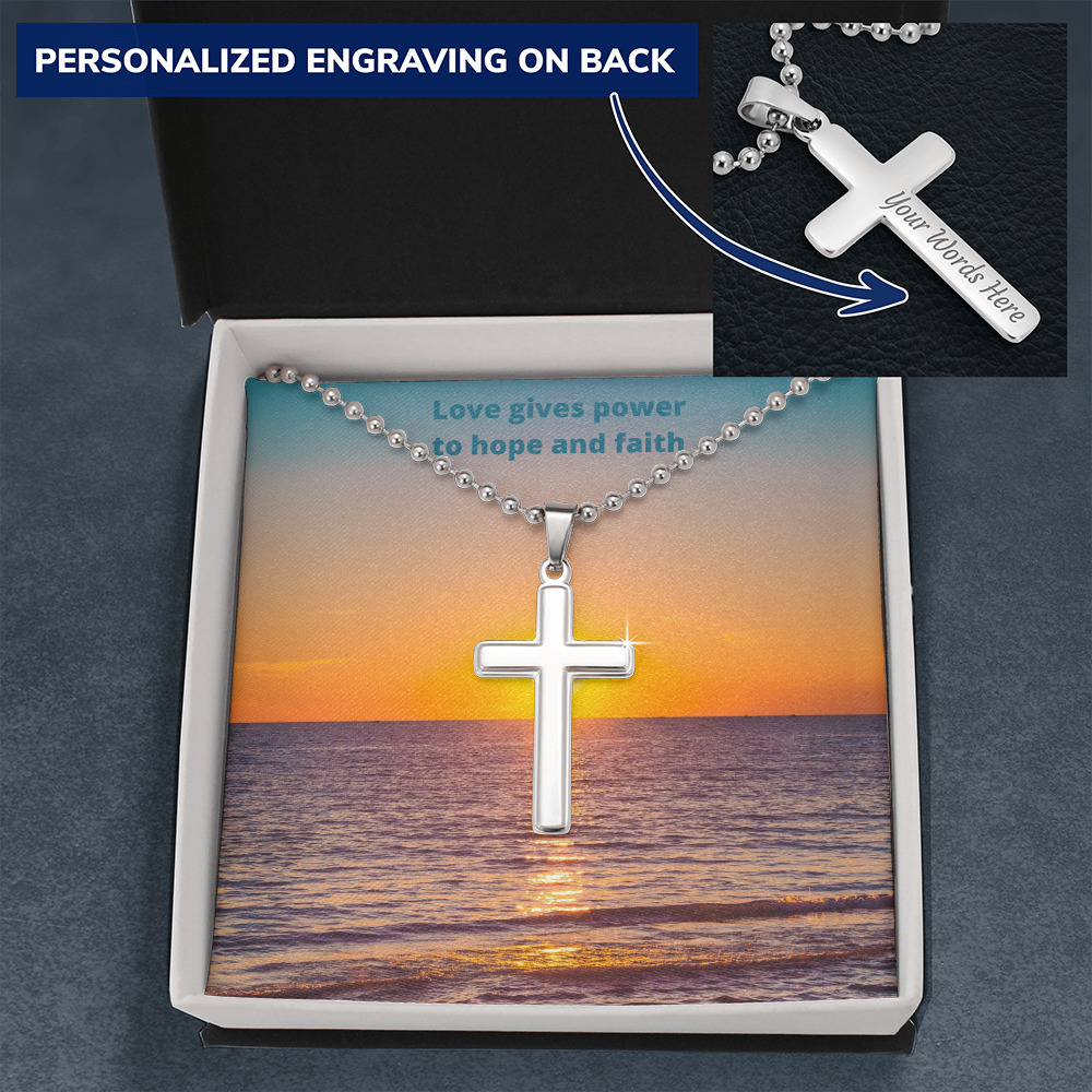 Love gives power to hope and faith (Personalised Cross necklace - Ball Chain)