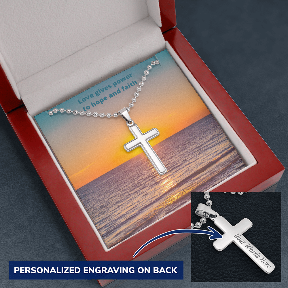 Love gives power to hope and faith (Personalised Cross necklace - Ball Chain)
