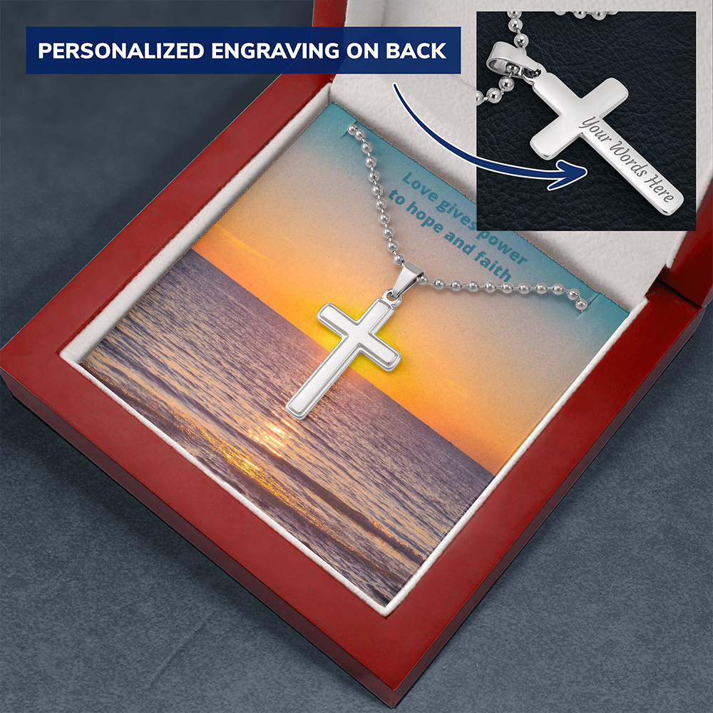 Love gives power to hope and faith (Personalised Cross necklace - Ball Chain)