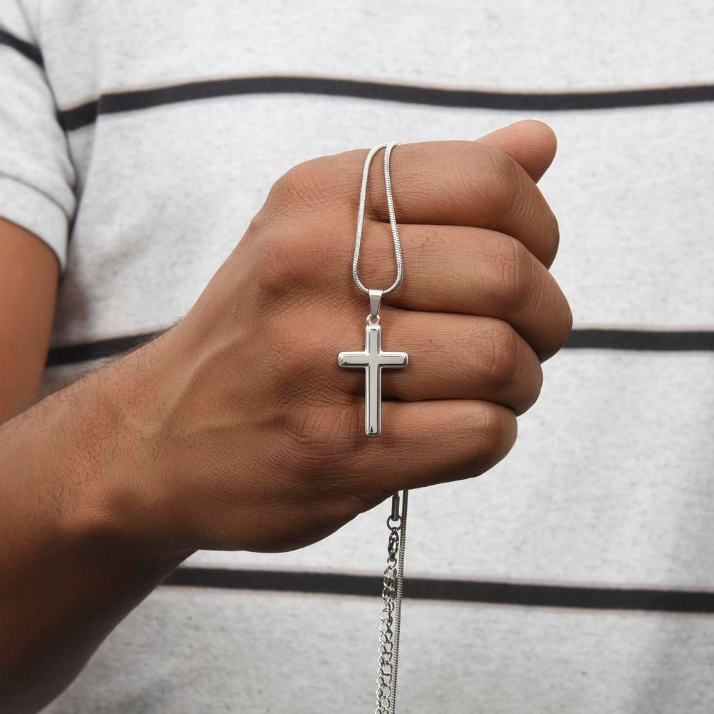 To our Son - Suddenly a man stood where a boy used to be - Mom and Dad (Personalised Cross Necklace)