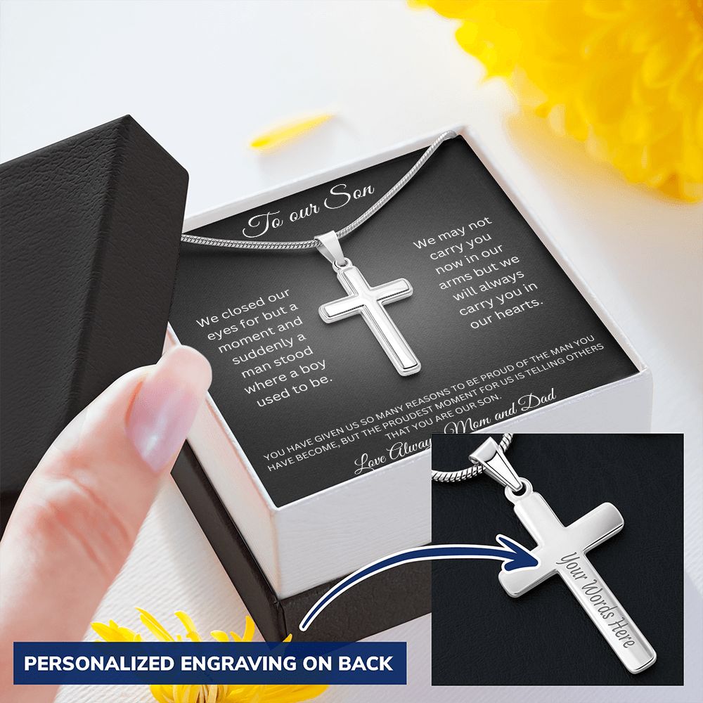 To our Son - Suddenly a man stood where a boy used to be - Mom and Dad (Personalised Cross Necklace)