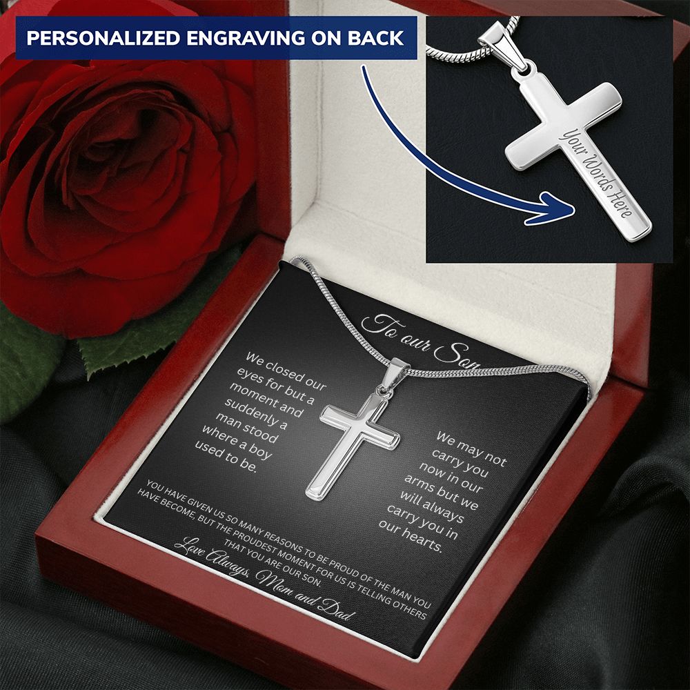 To our Son - Suddenly a man stood where a boy used to be - Mom and Dad (Personalised Cross Necklace)
