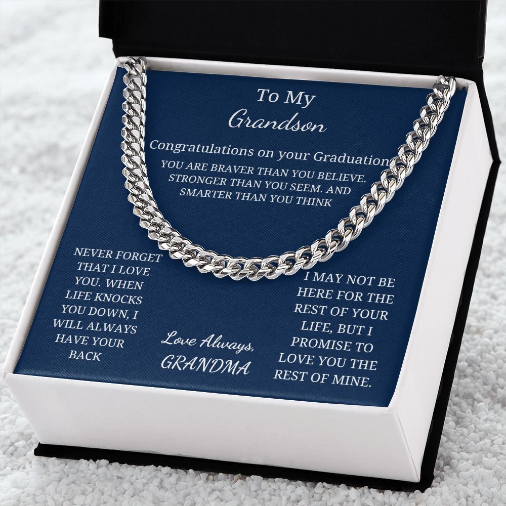 To My Grandson - Graduation - Braver, Stronger, Smarter (Cuban Link Chain necklace)