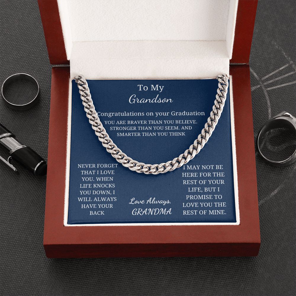 To My Grandson - Graduation - Braver, Stronger, Smarter (Cuban Link Chain necklace)