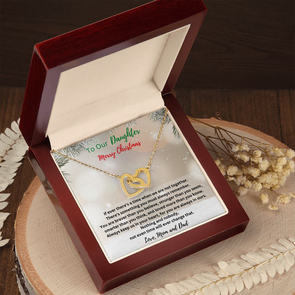 To Our Daughter - Merry Christmas - Always keep us in your heart - Love Mom & Dad (Interlocking Hearts necklace)