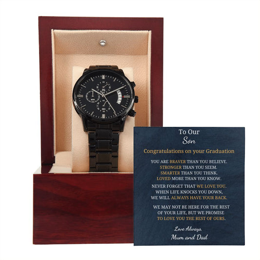 To Our Son - Graduation - Love always - Mum and  Dad (Black Chronograph Watch)
