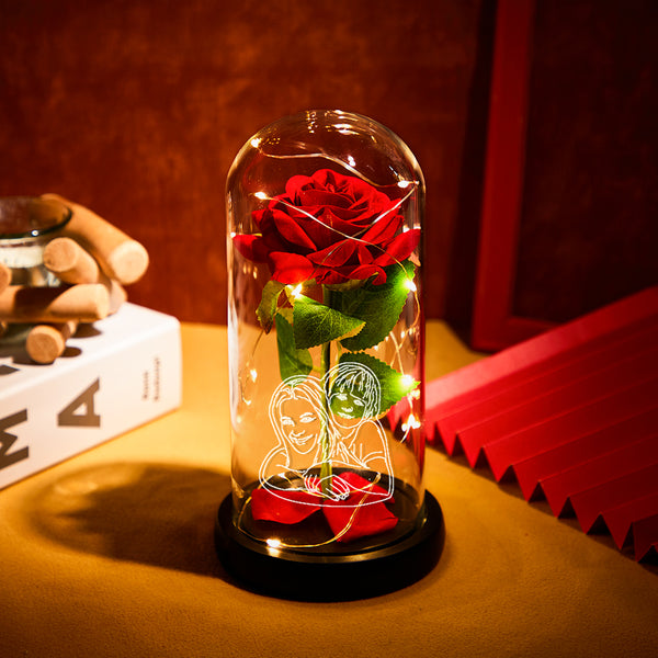 Custom Photo Line Drawing LED Night Light Romantic Simulation Eternal Red Rose In Glass Dome