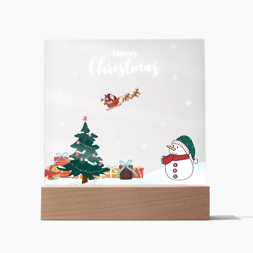 Enchanting Christmas Snow Scene with Wooden LED Base! (Acrylic Square Plaque)