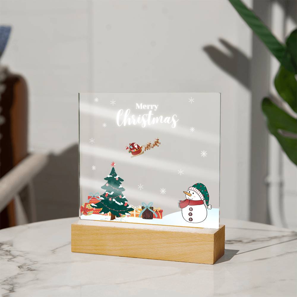 Enchanting Christmas Snow Scene with Wooden LED Base! (Acrylic Square Plaque)