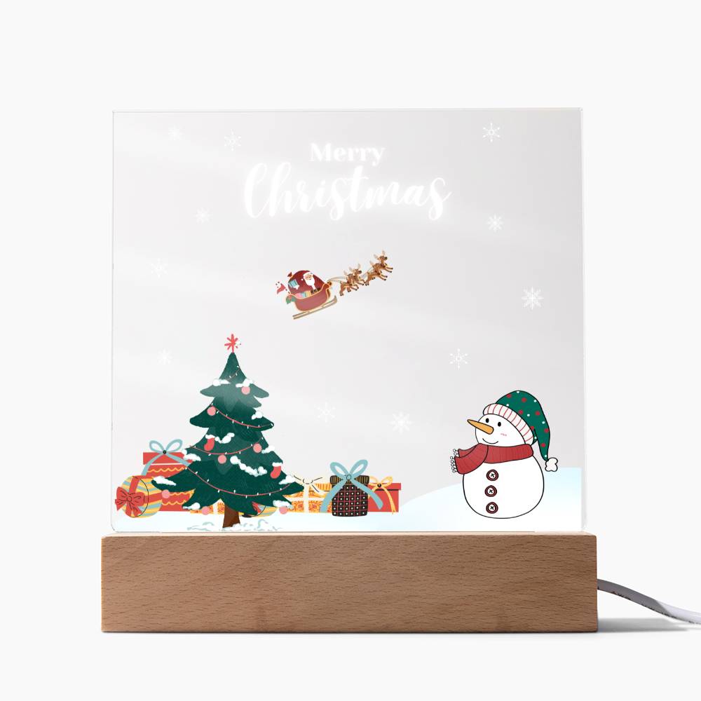 Enchanting Christmas Snow Scene with Wooden LED Base! (Acrylic Square Plaque)