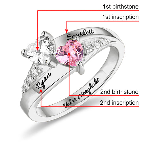 Engraved Double Heart Birthstone Ring Sterling Silver