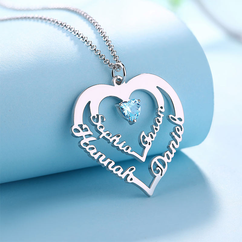 Personalized Heart Necklace with 4 Names & Birthstones in Gold