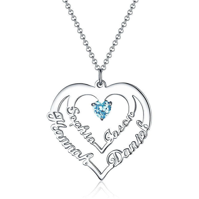 Personalized Heart Necklace with 4 Names & Birthstones in Gold