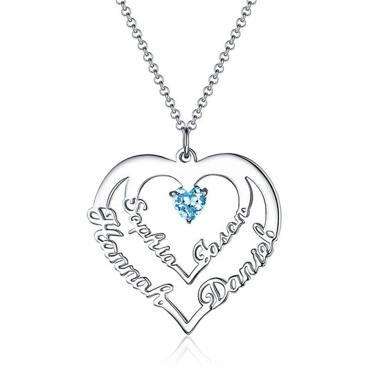 Personalized Heart Necklace with 4 Names & Birthstones in Gold