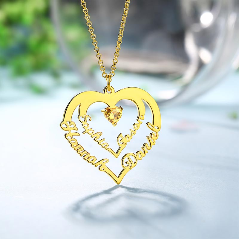 Personalized Heart Necklace with 4 Names & Birthstones in Gold