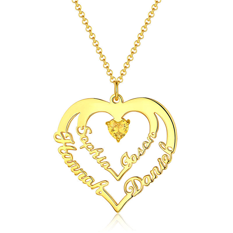 Personalized Heart Necklace with 4 Names & Birthstones in Gold