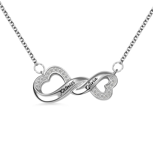 Engraved Infinity Double Heart Name Necklace for Her in Silver
