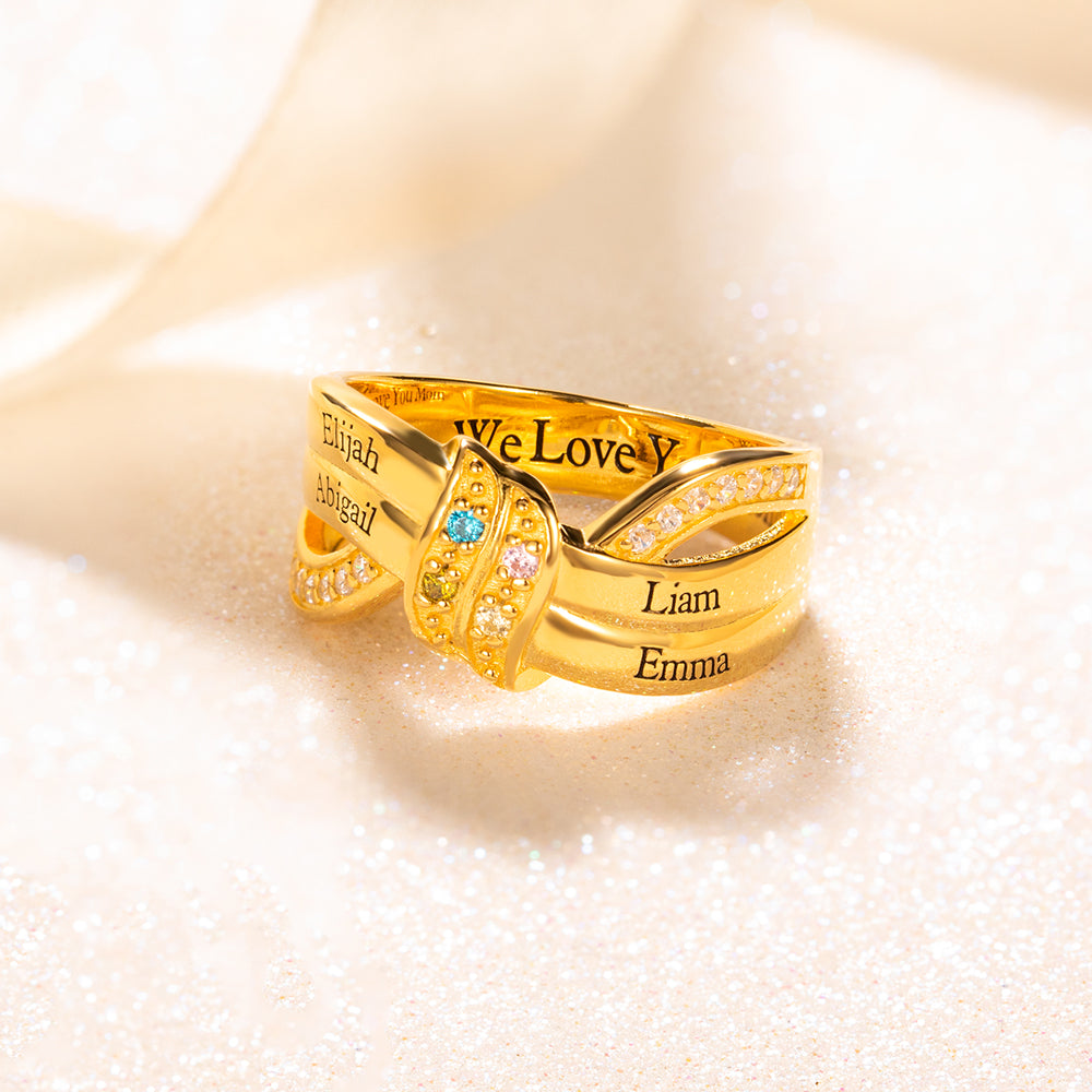 Engraved 4 Names and Birthstones Ribbon Ring with Easy to Read Font