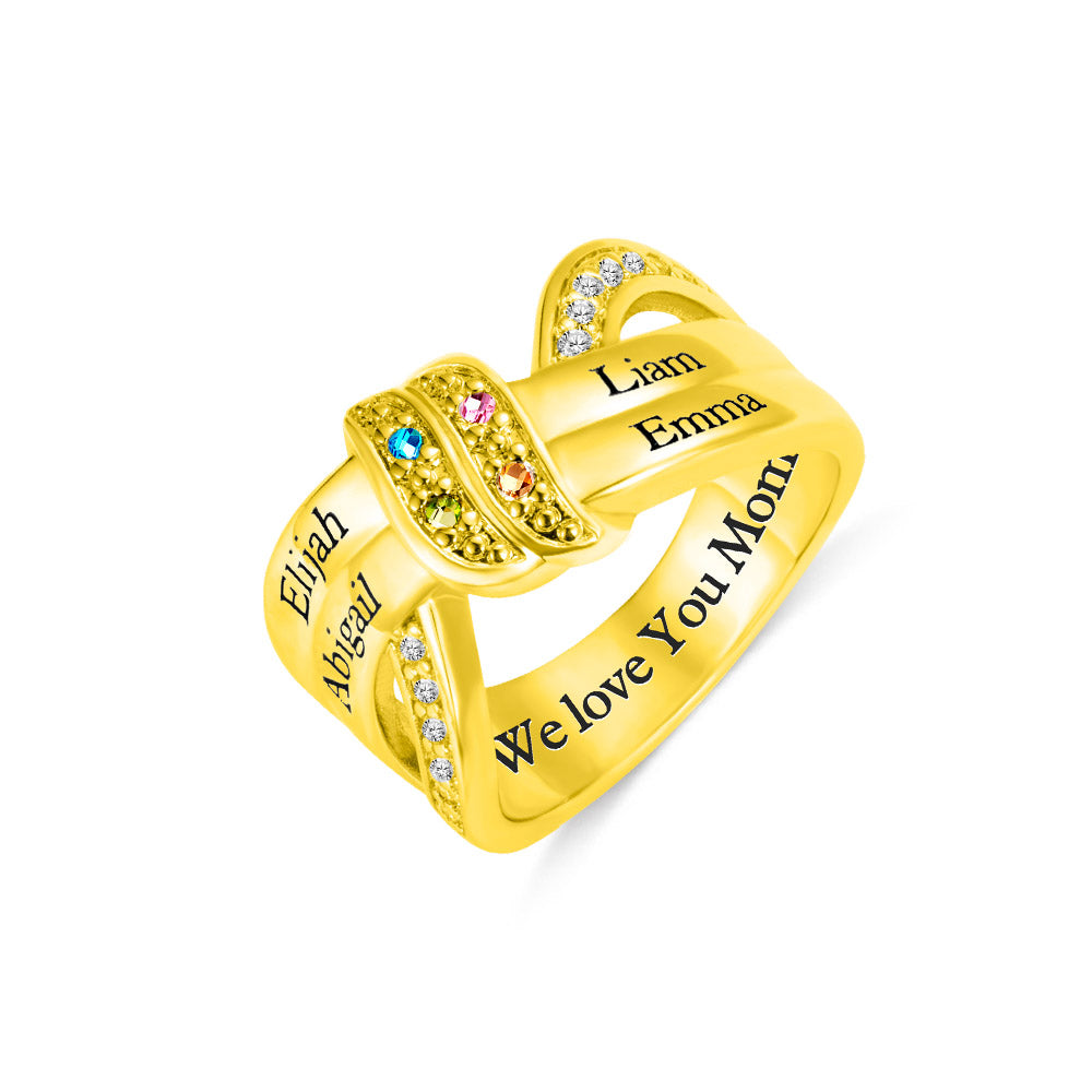 Engraved 4 Names and Birthstones Ribbon Ring with Easy to Read Font