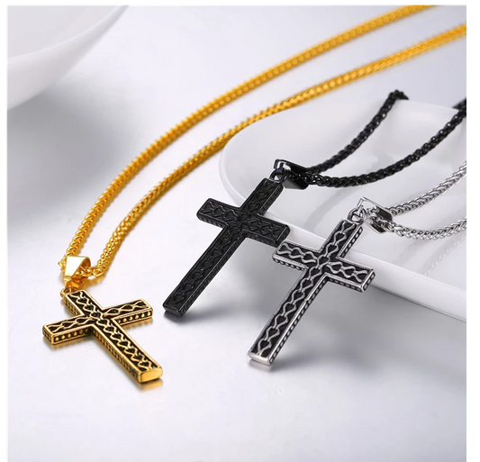 316L stainless steel gold plated christianity jewelry unique black mens vintage cross necklace with chain