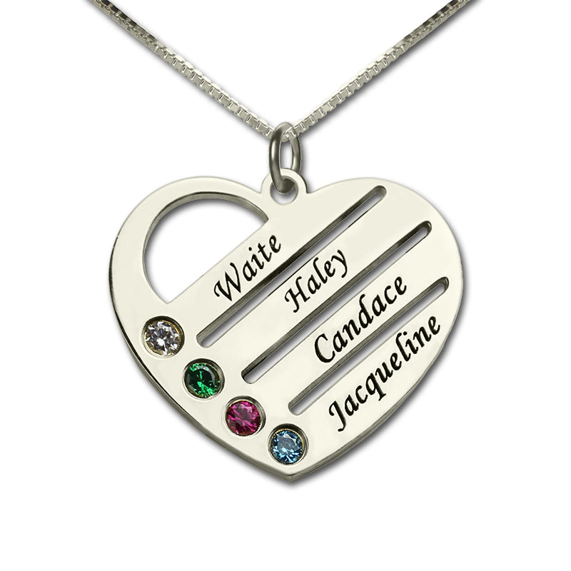 Personalized Mother's Heart Necklace with 4 Birthstones & Names