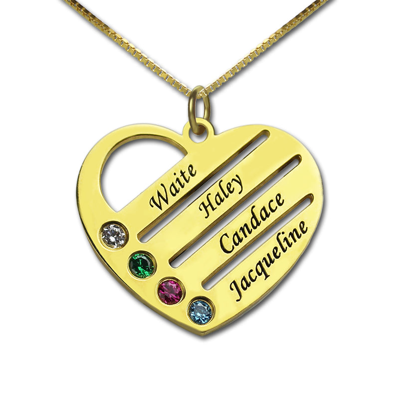 Personalized Mother's Heart Necklace with 4 Birthstones & Names