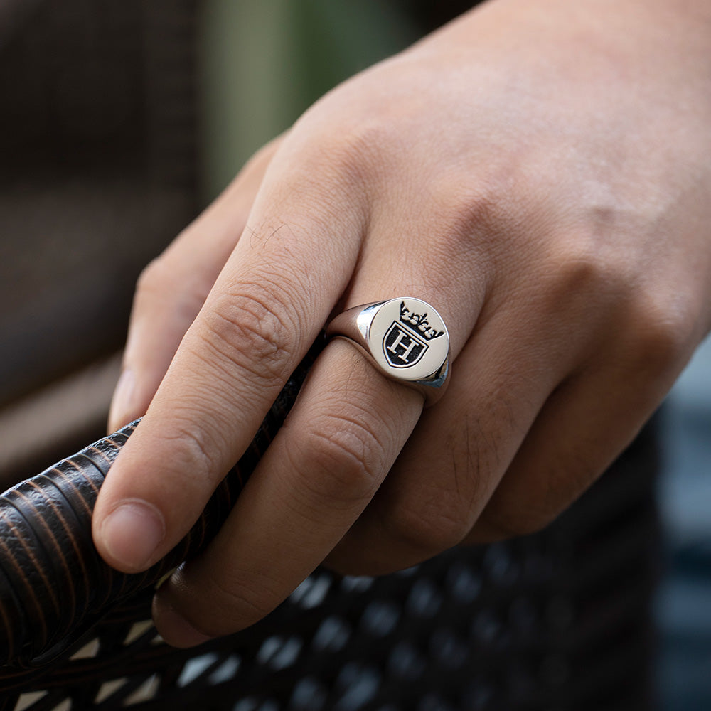 Personalized Initial Engraved Signet Ring with a Crown for Man