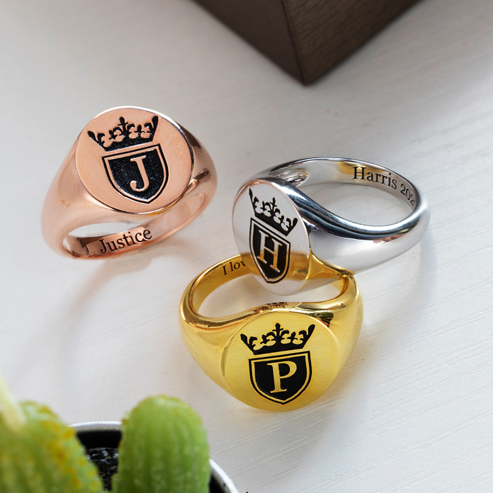 Personalized Initial Engraved Signet Ring with a Crown for Man