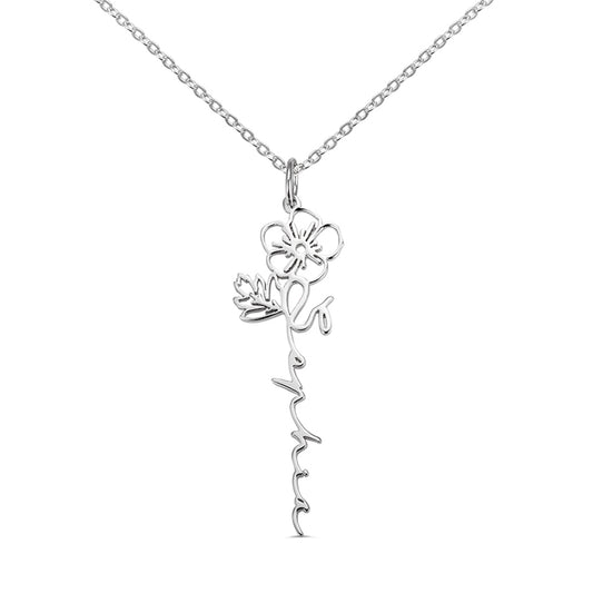 Dainty Floral Name Necklace with Birth Flower Sterling Silver 925