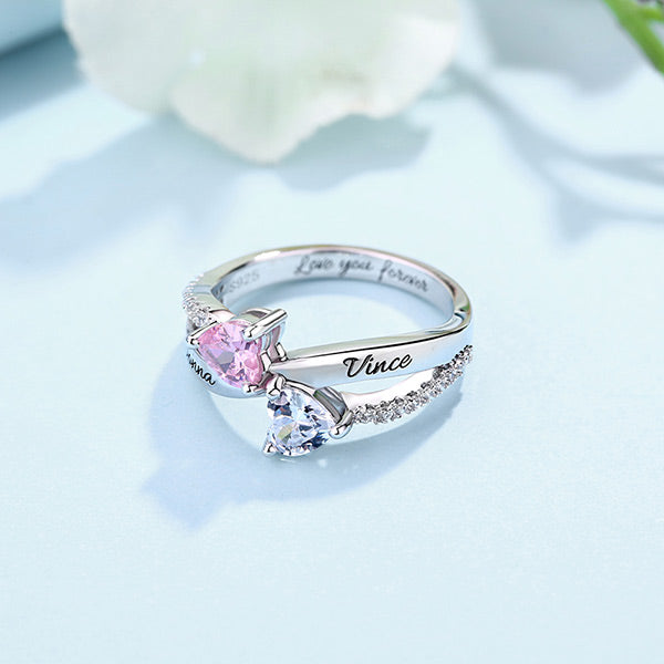 Engraved Two Heart Shaped CZ Ring In Silver