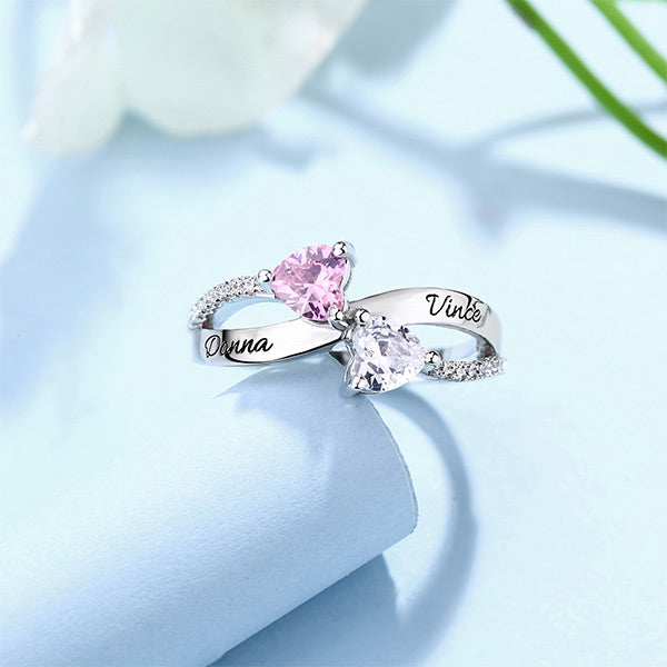 Engraved Two Heart Shaped CZ Ring In Silver