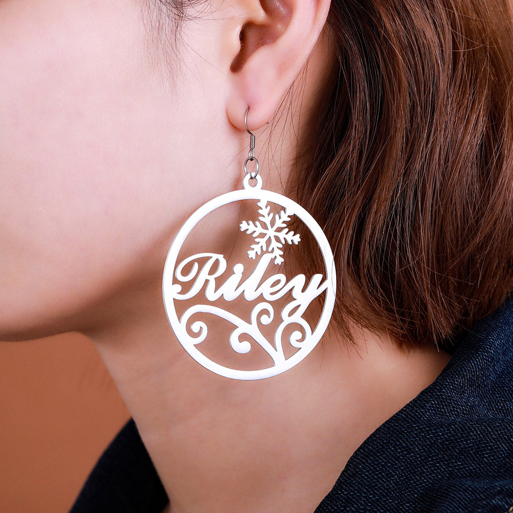 Personalized Christmas Name Hoop Earrings Snowflake