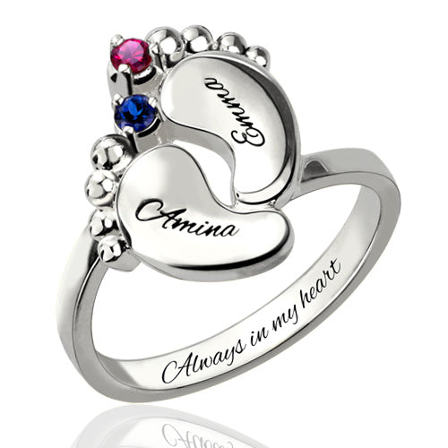 Engraved 2 Baby Feet Ring With Birthstone