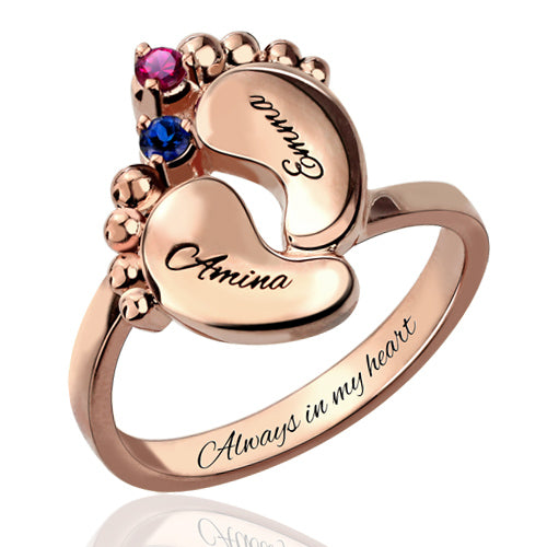 Engraved 2 Baby Feet Ring With Birthstone