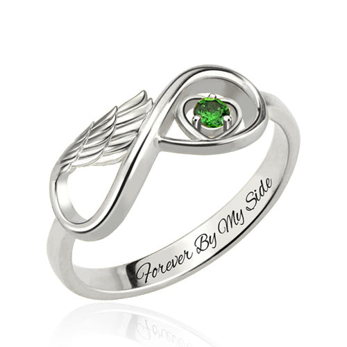 Angel Wing Infinity Heart Ring with Birthstone Platinum Plated