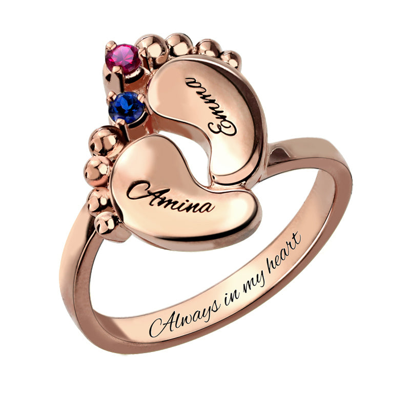 Engraved 2 Baby Feet Ring With Birthstone