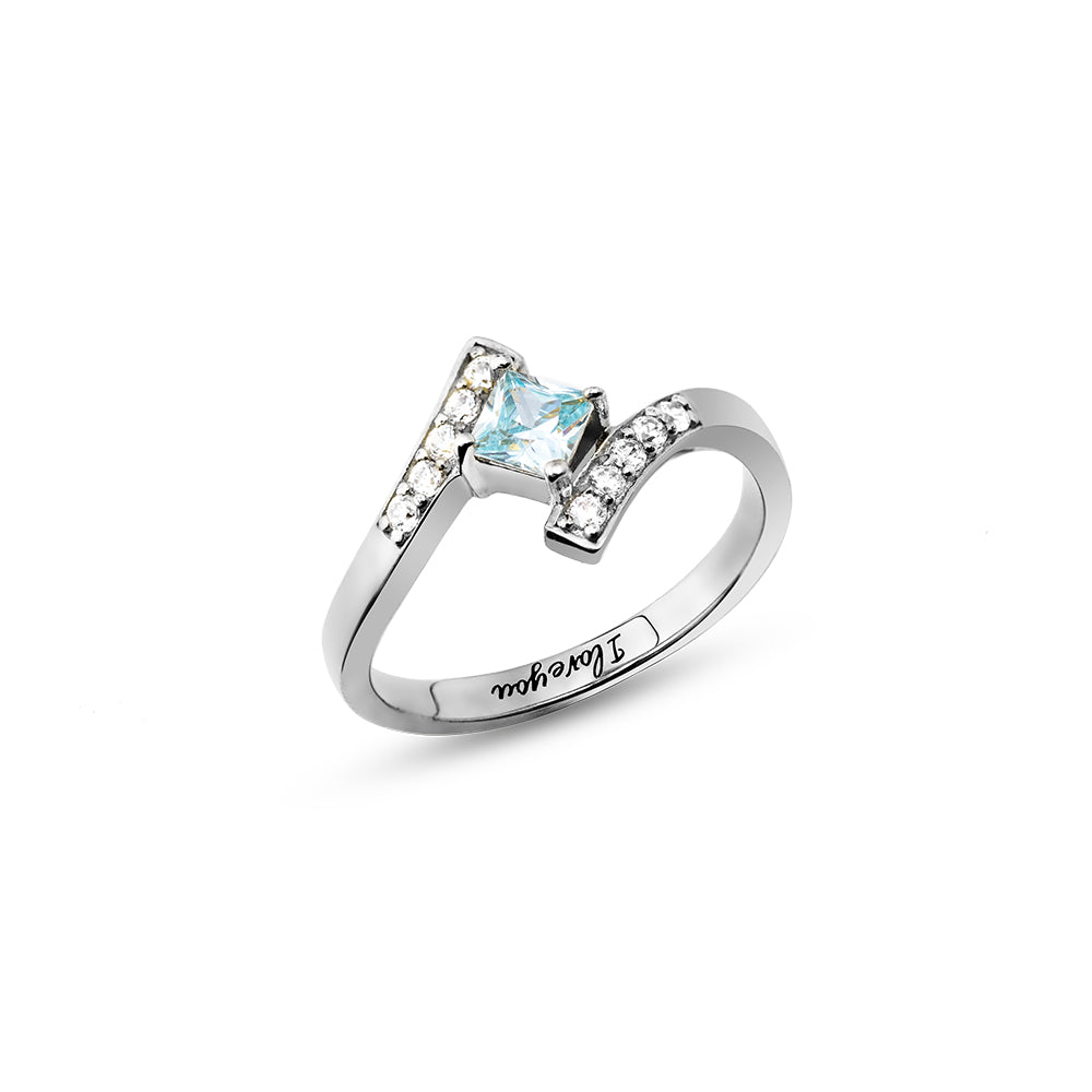 Engraved Princess-Cut Birthstone Ring Sterling Silver