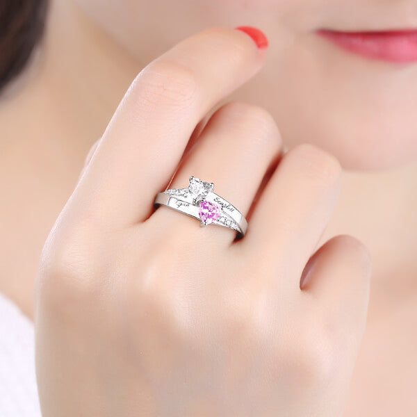 Double Heart Birthstone Promise Ring With Rose Ring Box