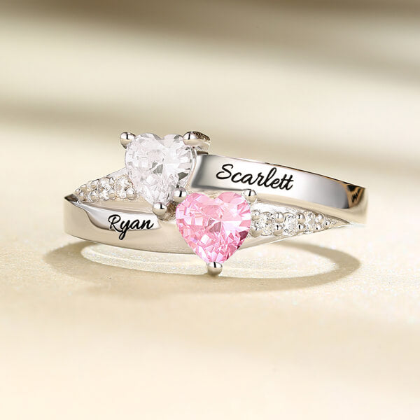 Double Heart Birthstone Promise Ring With Rose Ring Box
