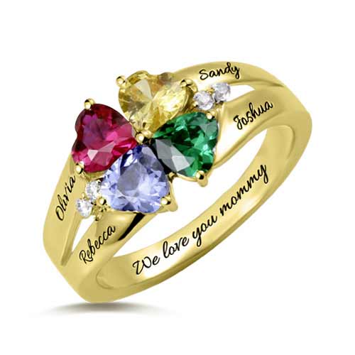 Custom Four-Heart Birthstone Engravable Ring Sterling Silver