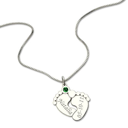 Silver Engraved Baby Feet Necklace with Personalized Birthstone