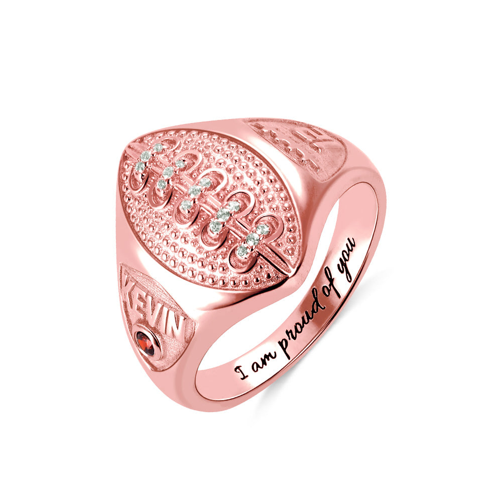 Personalized Football Ring with Birthstone and Engraving in Silver