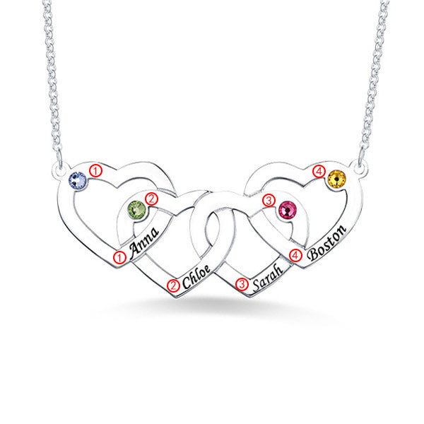 Four Hearts Names&Birthstones Necklace In Silver