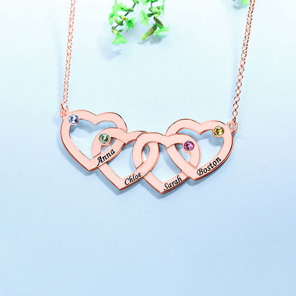 Four Hearts Names&Birthstones Necklace In Silver