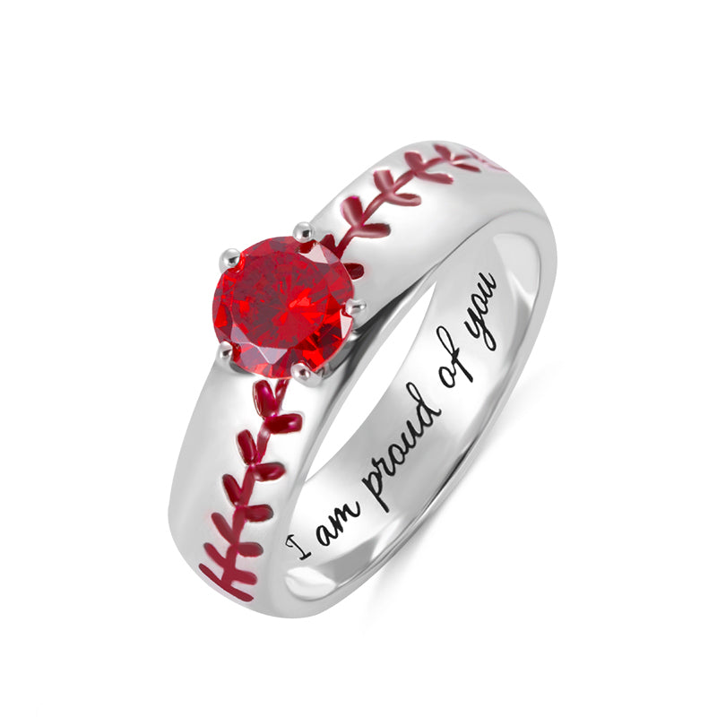 Engraved Baseball Texture Solitaire Birthstone Ring